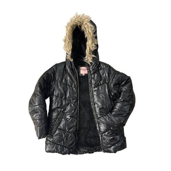 Juicy Couture Girls Black Puffer Jacket Tan Fuzzy Hood - Size 7/8 - Picture 2 of 3